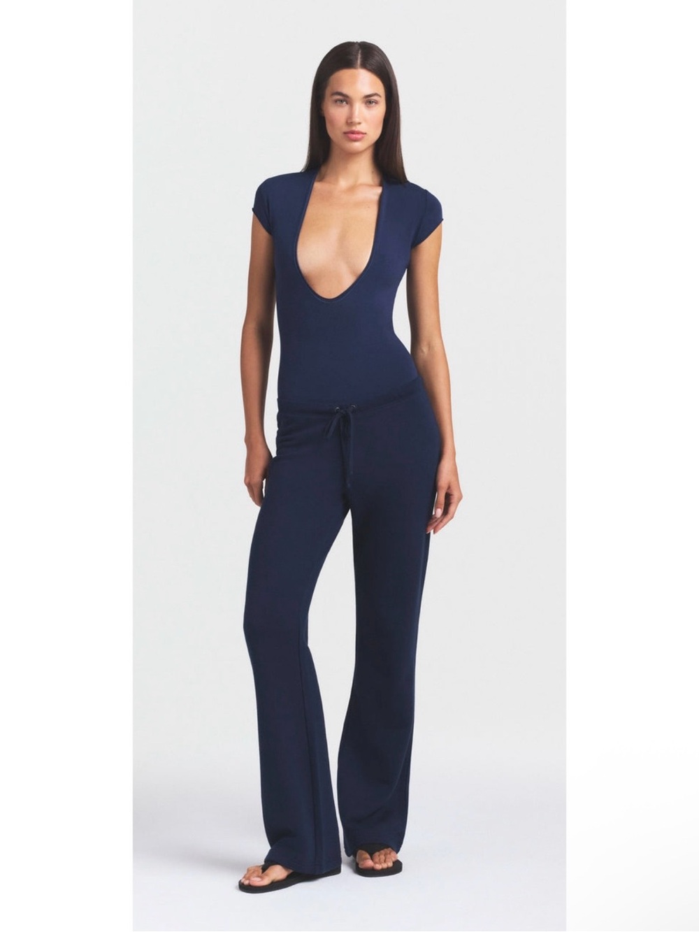 NWT SKIMS COTTON JERSEY PLUNGE BODYSUIT NAVY Sz S